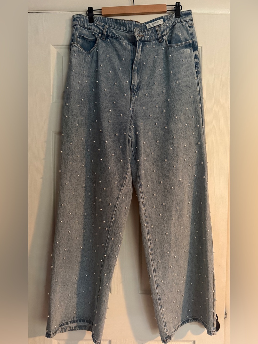 Blank NYC Light Blue Pearl-Studded Straight Leg Jeans